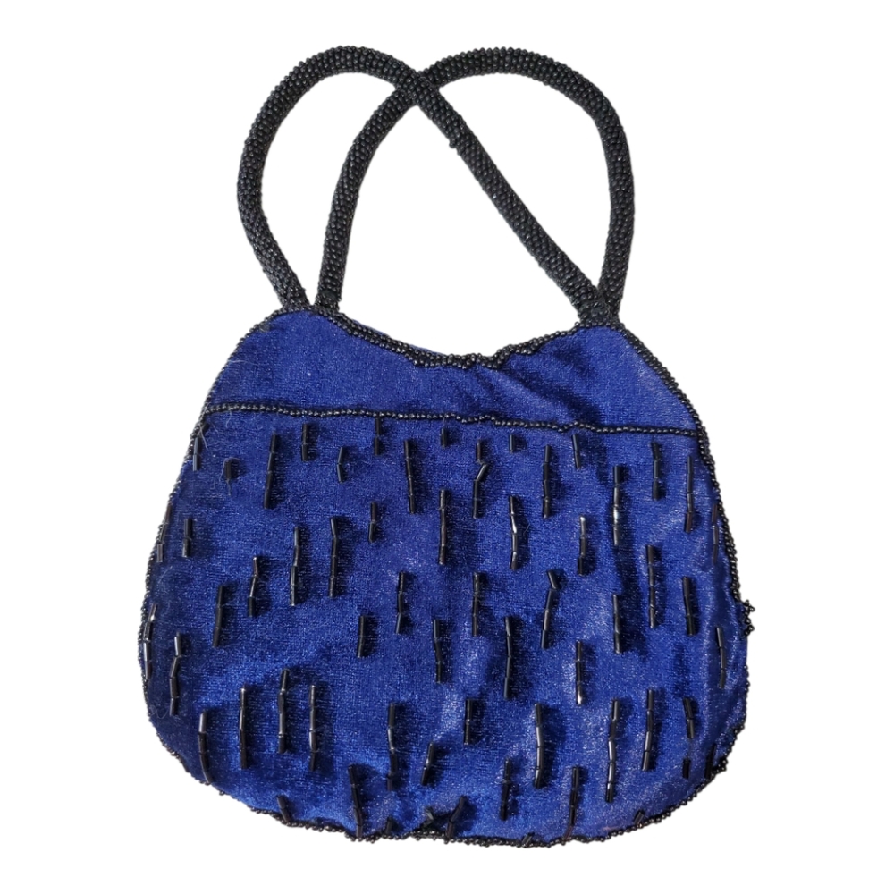 Bloomingdale's Beaded Mini Bag Lined Unique Sturdy Handles Blue